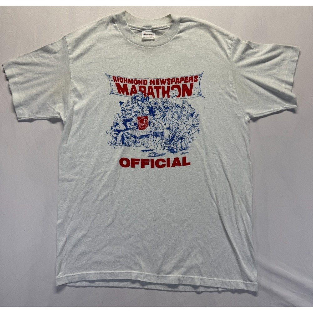VTG Stedman T Shirt Mens Large White Graphic Print Richmond Newspapers Marathon